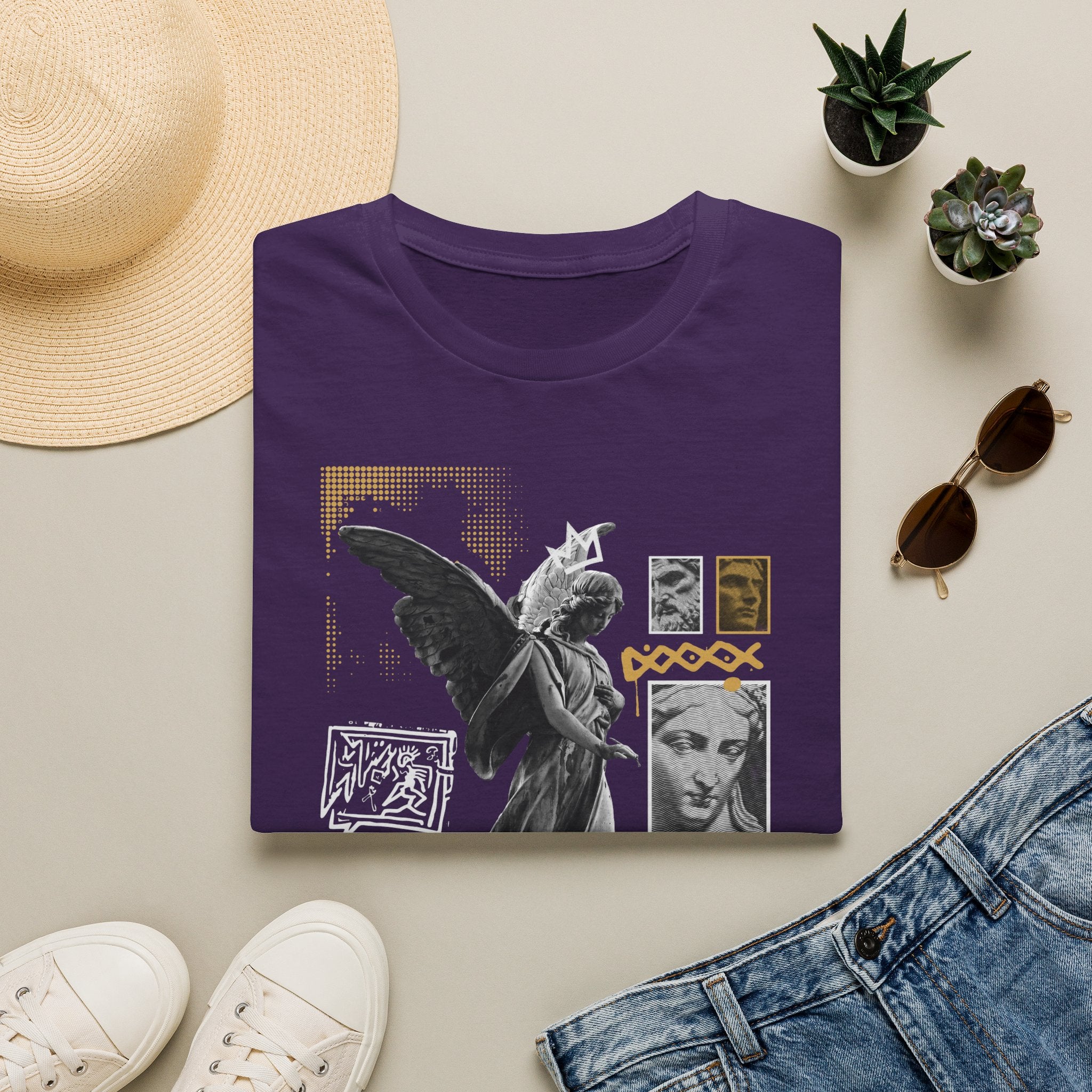 Melek Heykeli Kolajlı Vintage Gotik Grafik Baskılı Tişört