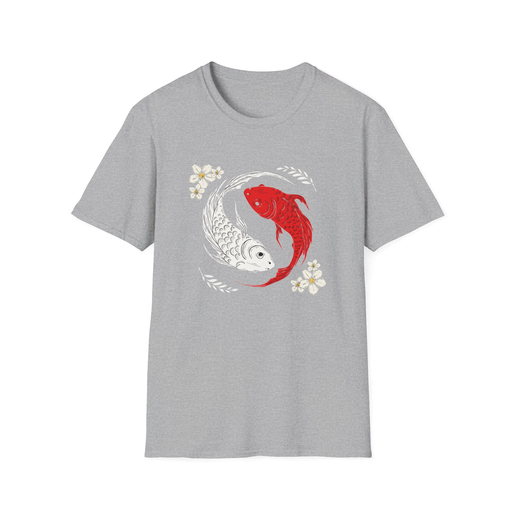 Kırmızı Beyaz Koi Balığı ve Çiçek Desenli Yin Yang Koi Tişörtü