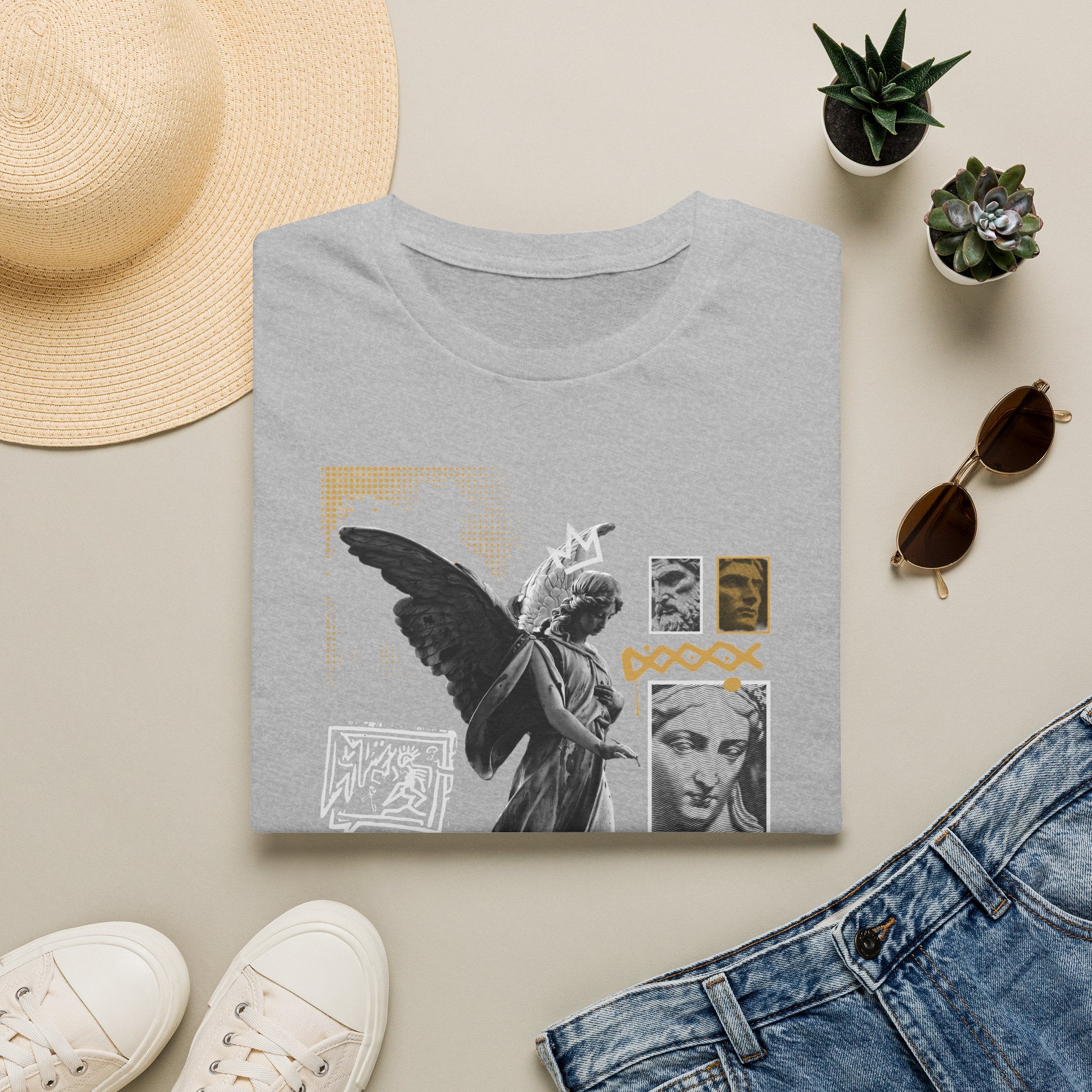 Melek Heykeli Kolajlı Vintage Gotik Grafik Baskılı Tişört