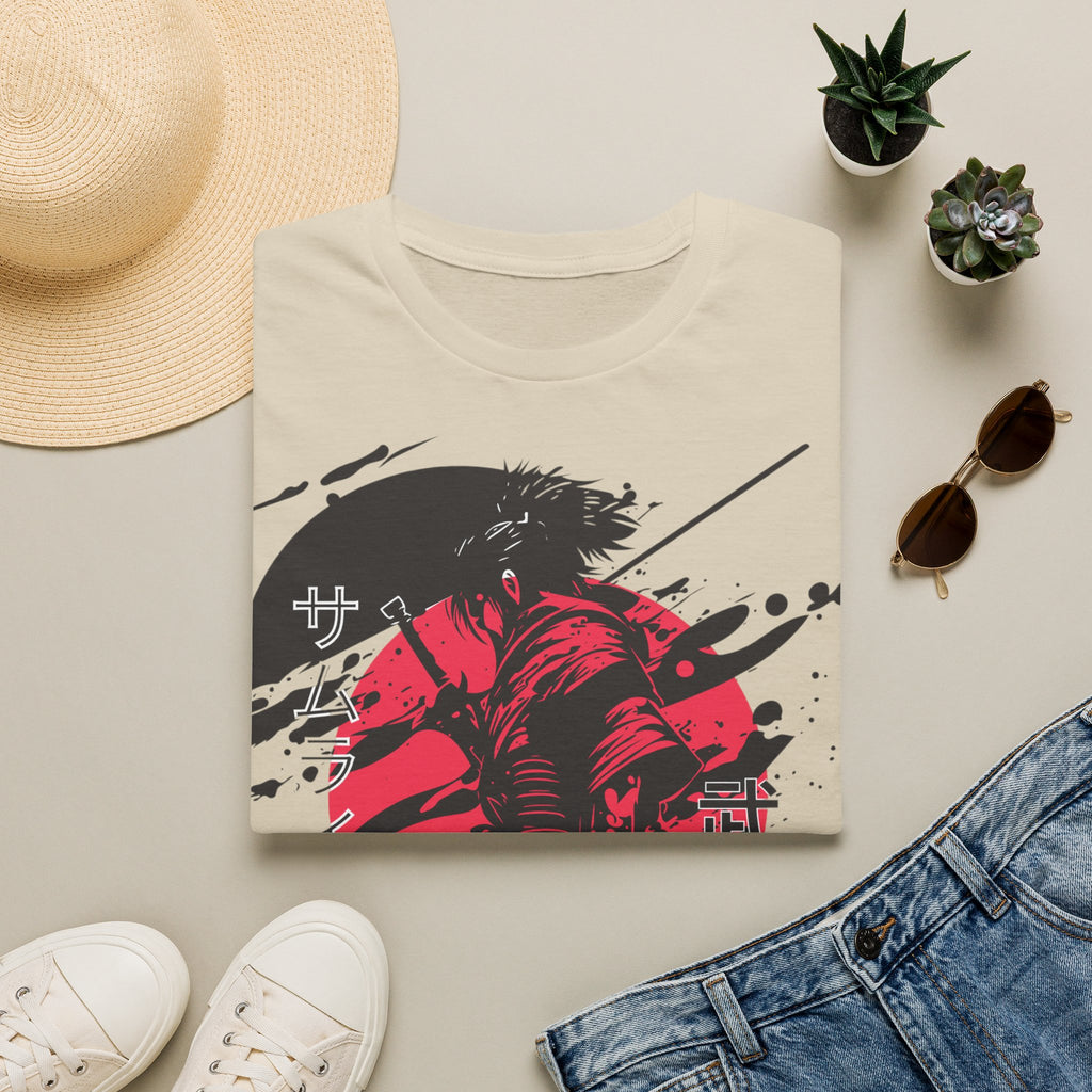 Samurai Grafik Baskılı Kırmızı Yükselen Güneş Japon Anime Tişörtü