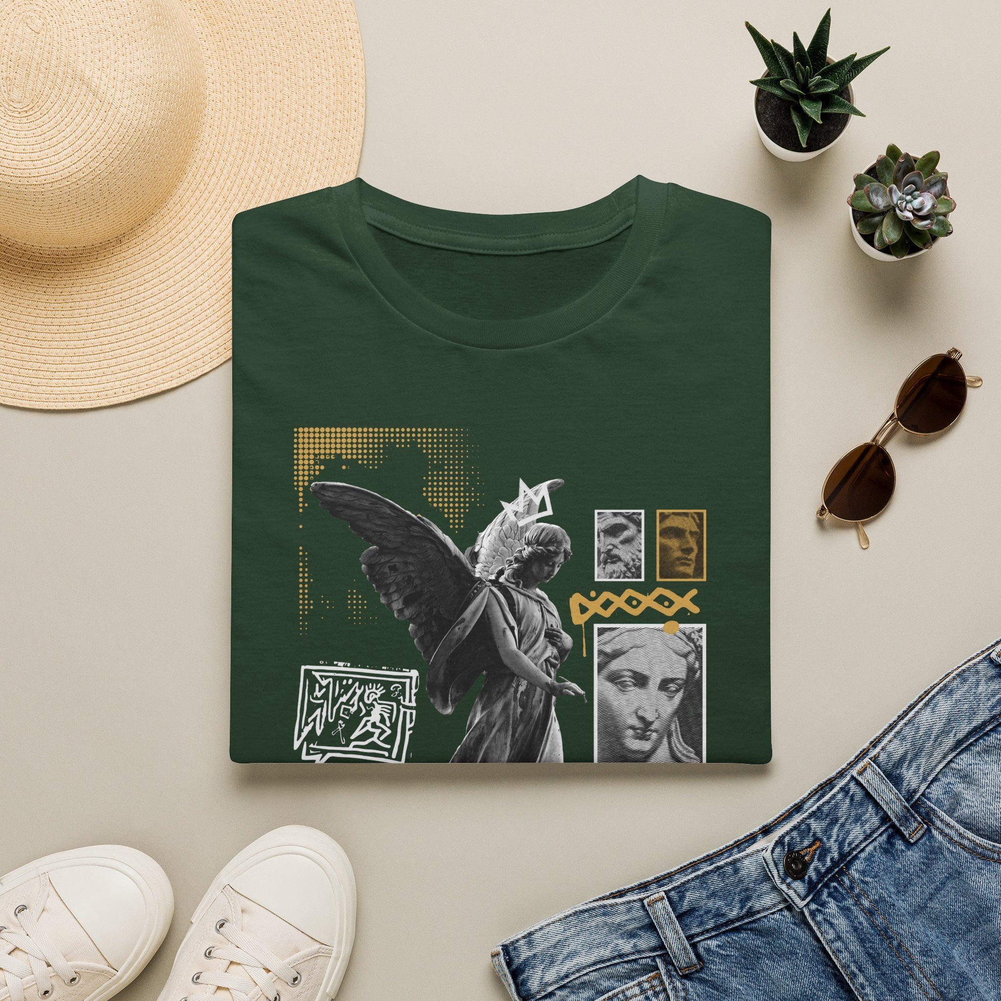 Melek Heykeli Kolajlı Vintage Gotik Grafik Baskılı Tişört