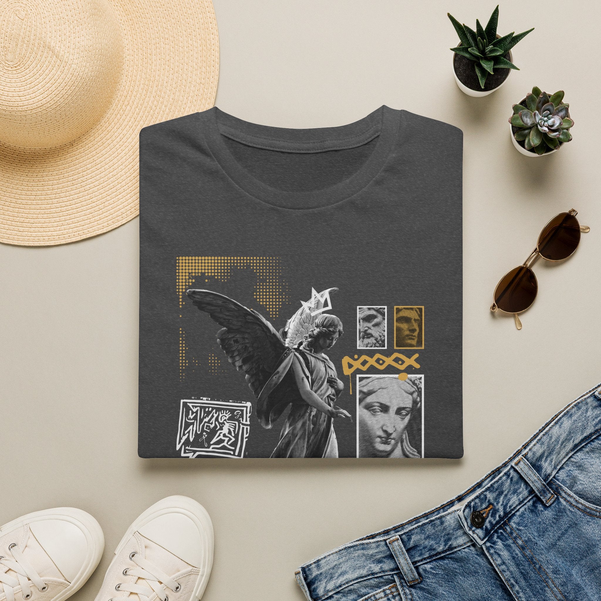 Melek Heykeli Kolajlı Vintage Gotik Grafik Baskılı Tişört