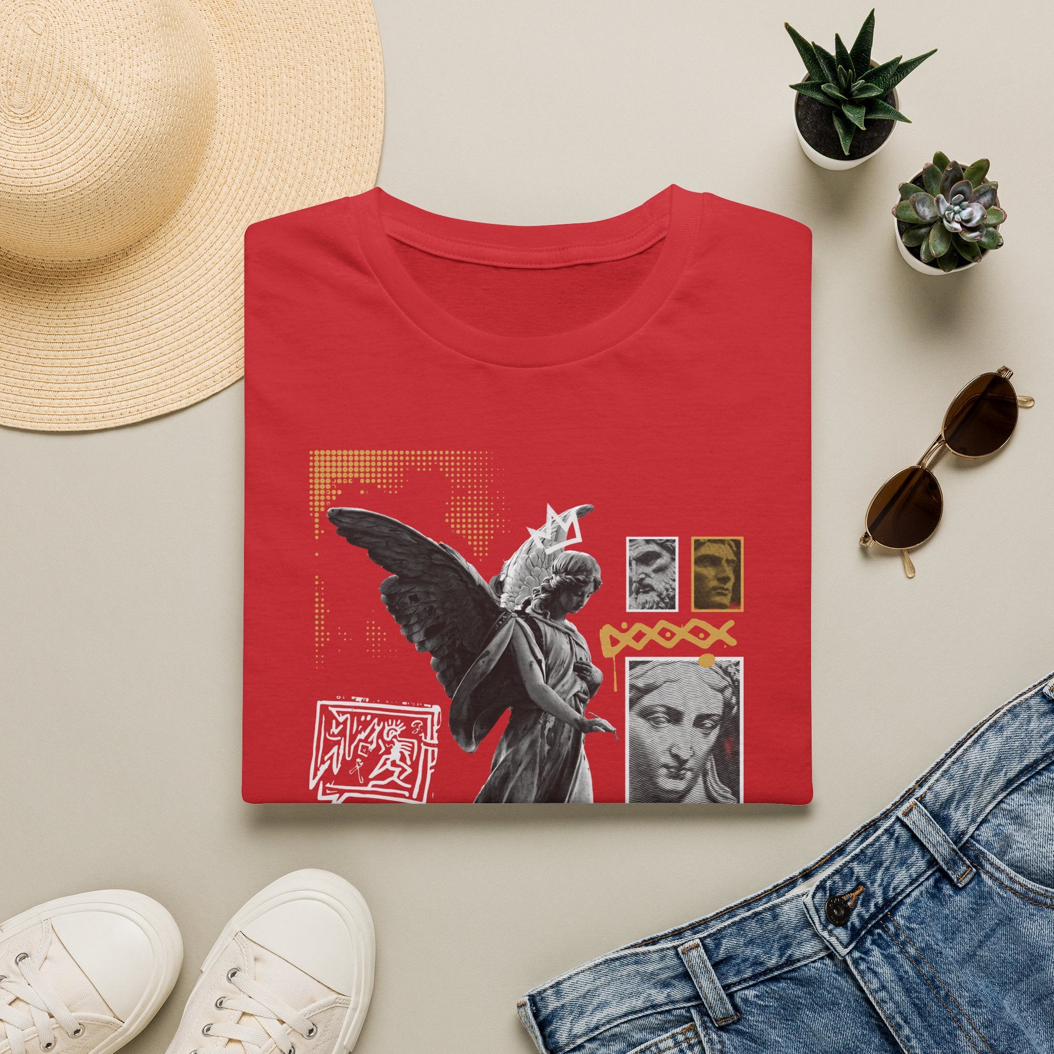 Melek Heykeli Kolajlı Vintage Gotik Grafik Baskılı Tişört