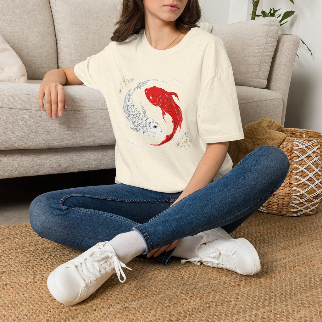Kırmızı Beyaz Koi Balığı ve Çiçek Desenli Yin Yang Koi Tişörtü