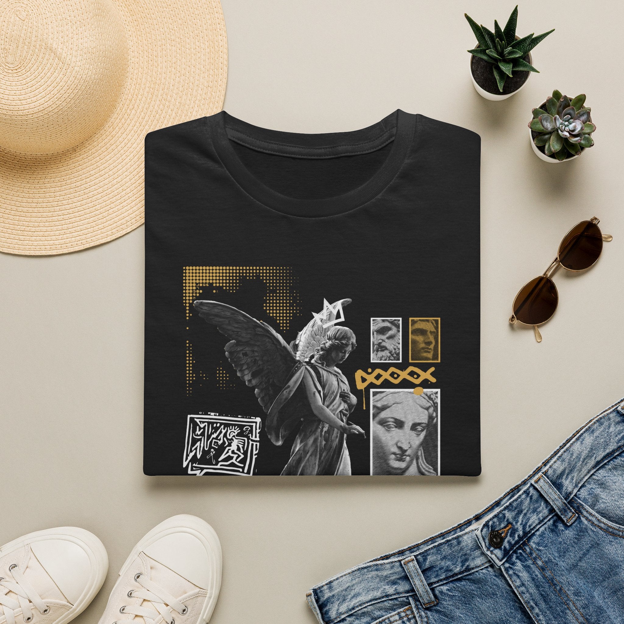 Melek Heykeli Kolajlı Vintage Gotik Grafik Baskılı Tişört