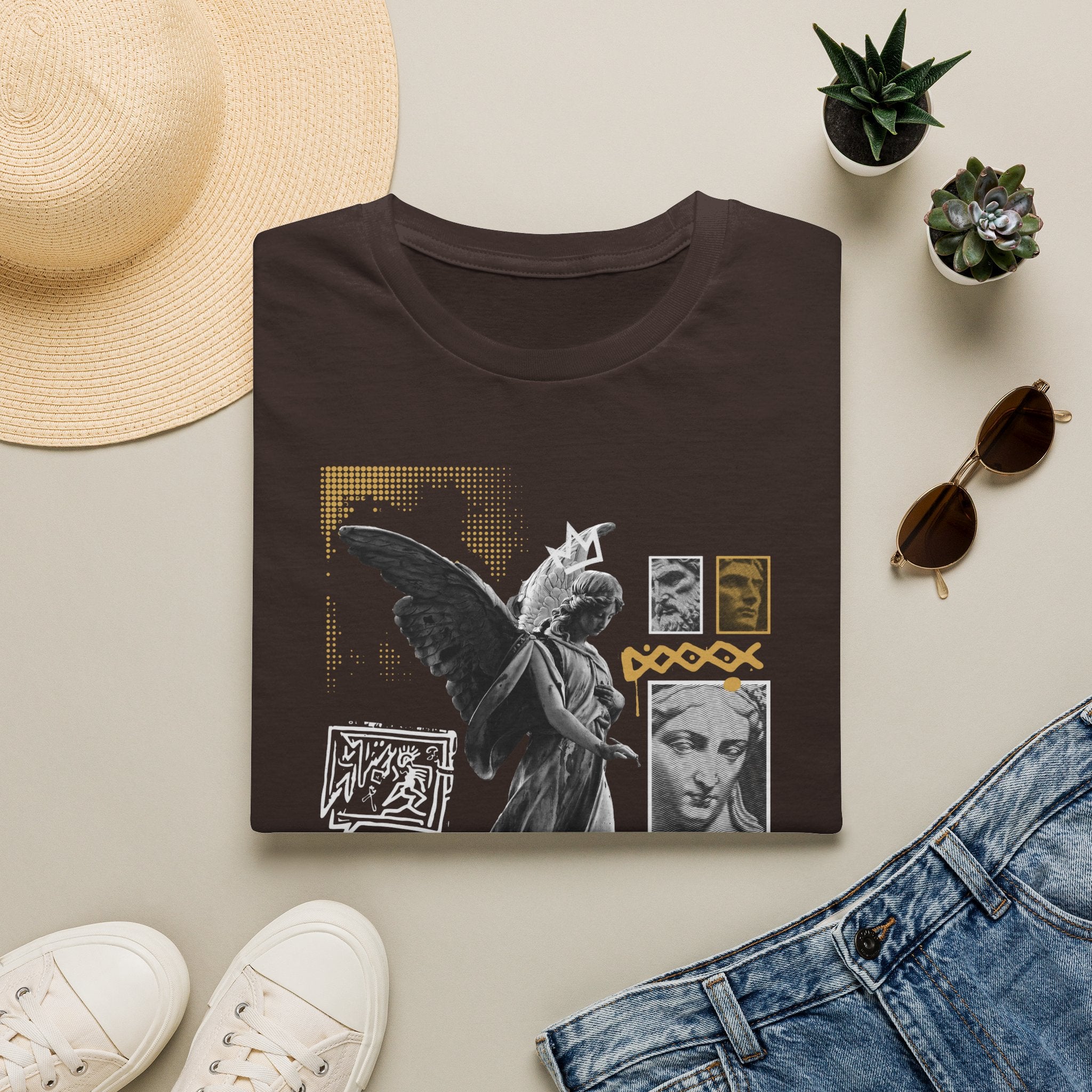 Melek Heykeli Kolajlı Vintage Gotik Grafik Baskılı Tişört