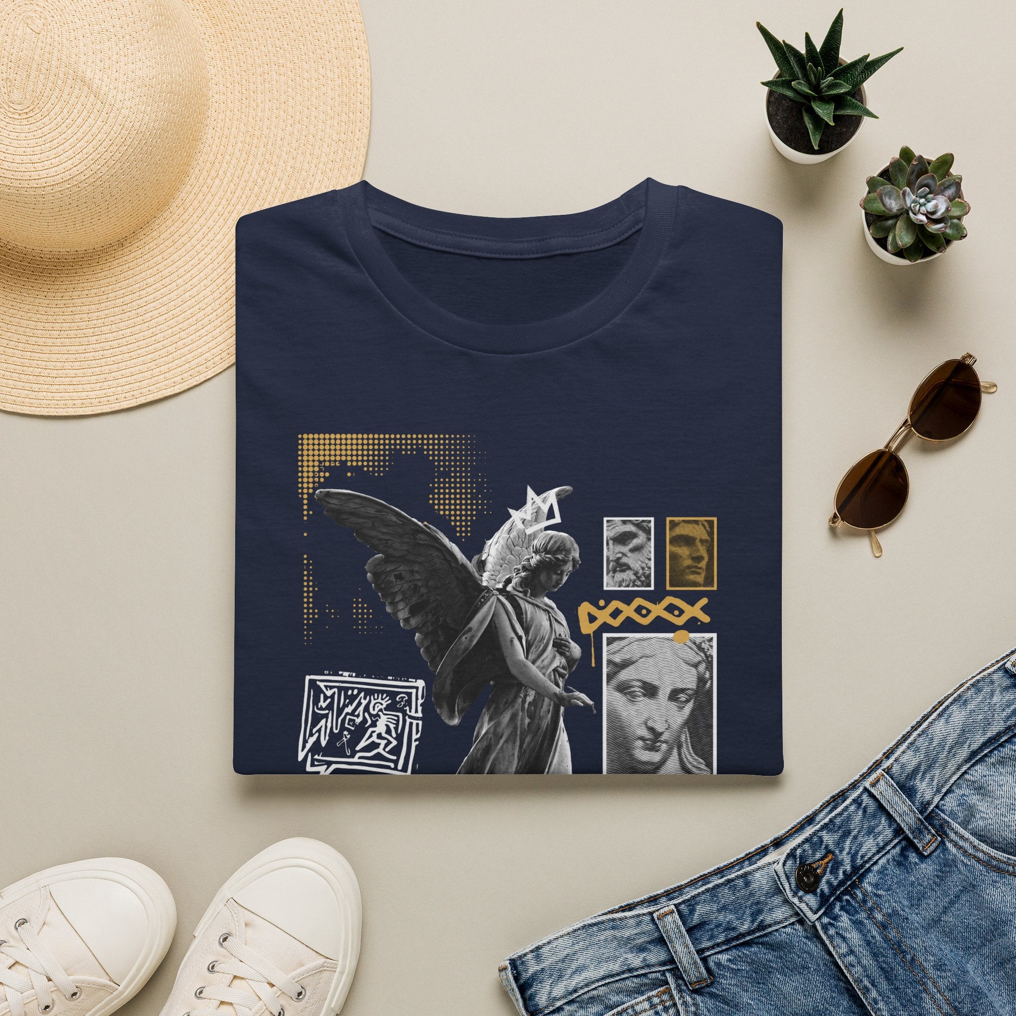 Melek Heykeli Kolajlı Vintage Gotik Grafik Baskılı Tişört
