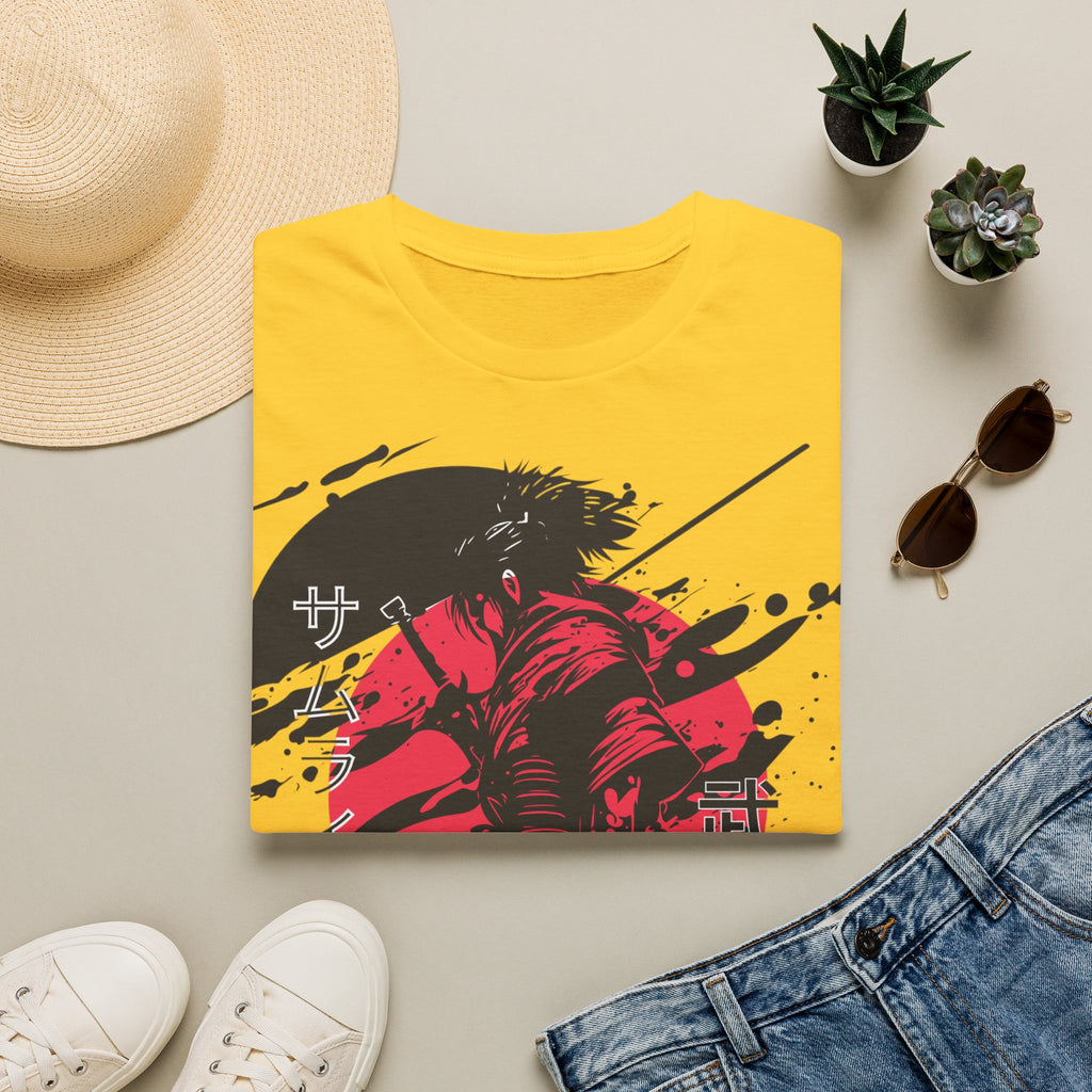 Samurai Grafik Baskılı Kırmızı Yükselen Güneş Japon Anime Tişörtü