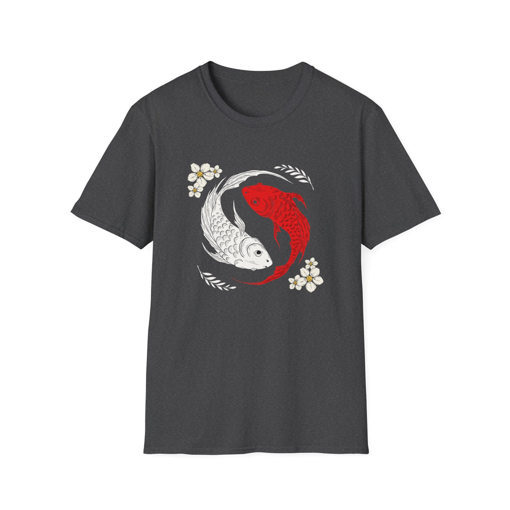 Kırmızı Beyaz Koi Balığı ve Çiçek Desenli Yin Yang Koi Tişörtü