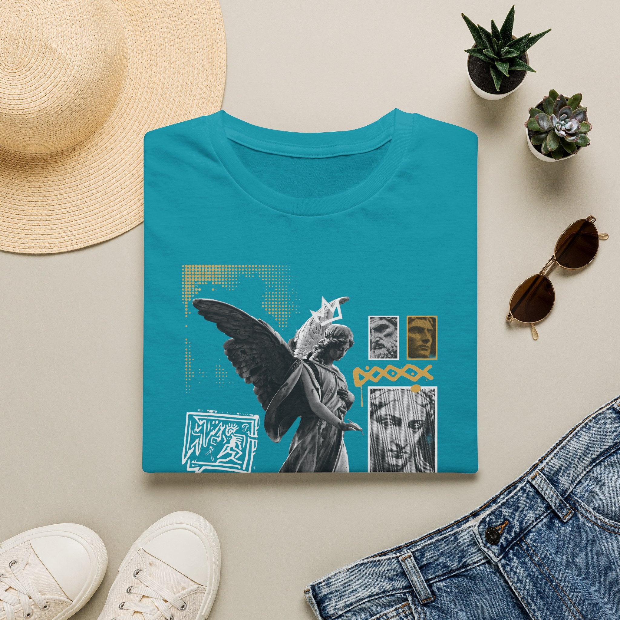 Melek Heykeli Kolajlı Vintage Gotik Grafik Baskılı Tişört