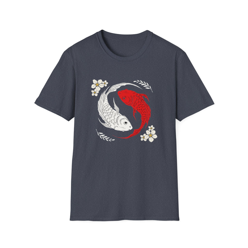 Kırmızı Beyaz Koi Balığı ve Çiçek Desenli Yin Yang Koi Tişörtü