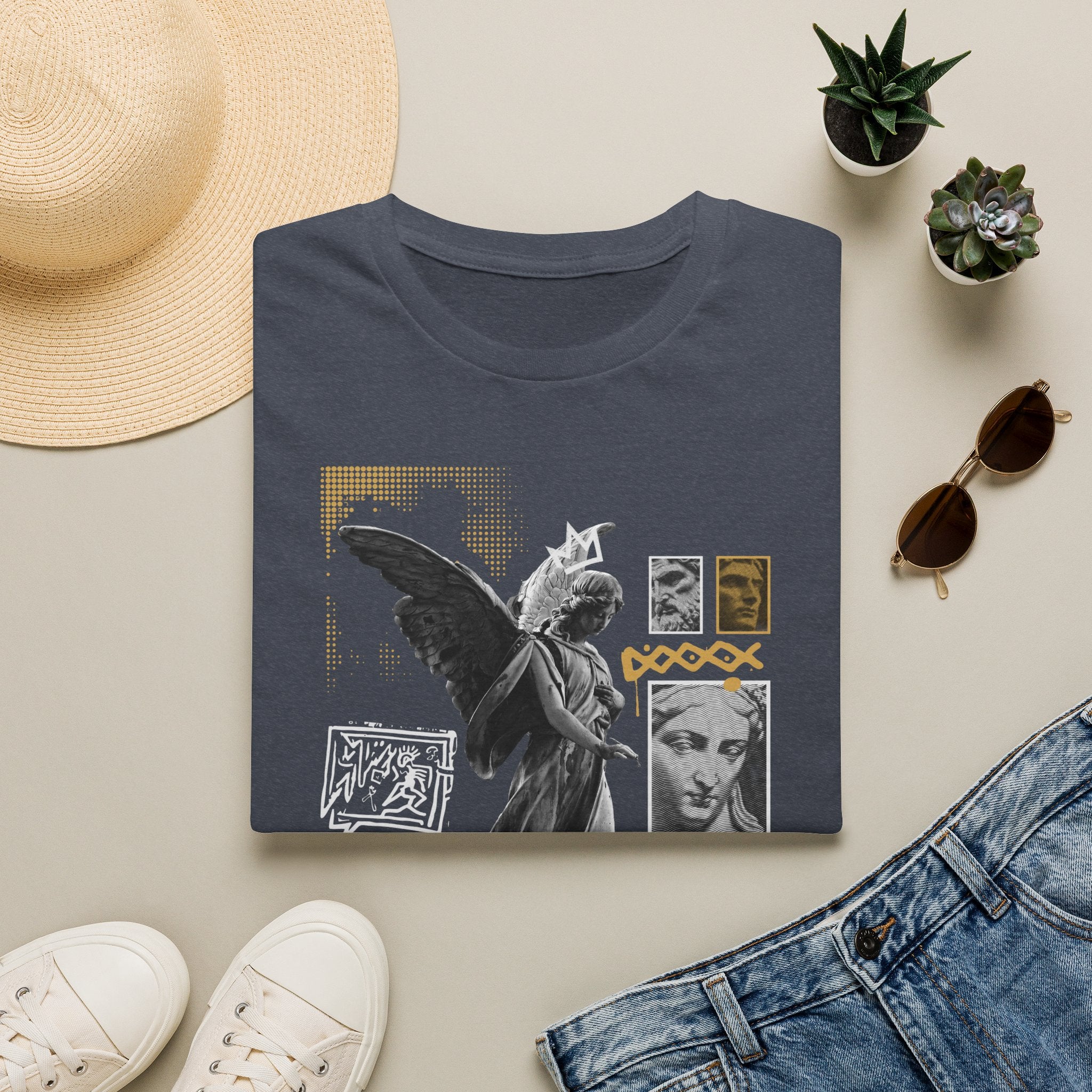 Melek Heykeli Kolajlı Vintage Gotik Grafik Baskılı Tişört