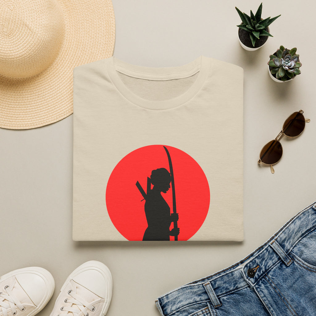 Samuray Silüetli Kırmızı Güneş ve Japon Kılıcı Grafikli Tişört