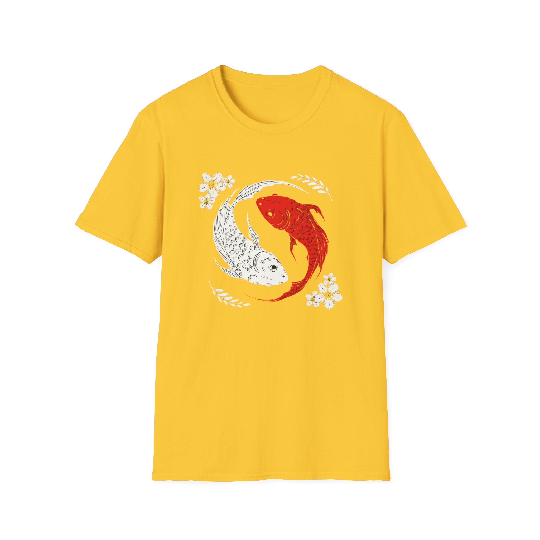 Kırmızı Beyaz Koi Balığı ve Çiçek Desenli Yin Yang Koi Tişörtü