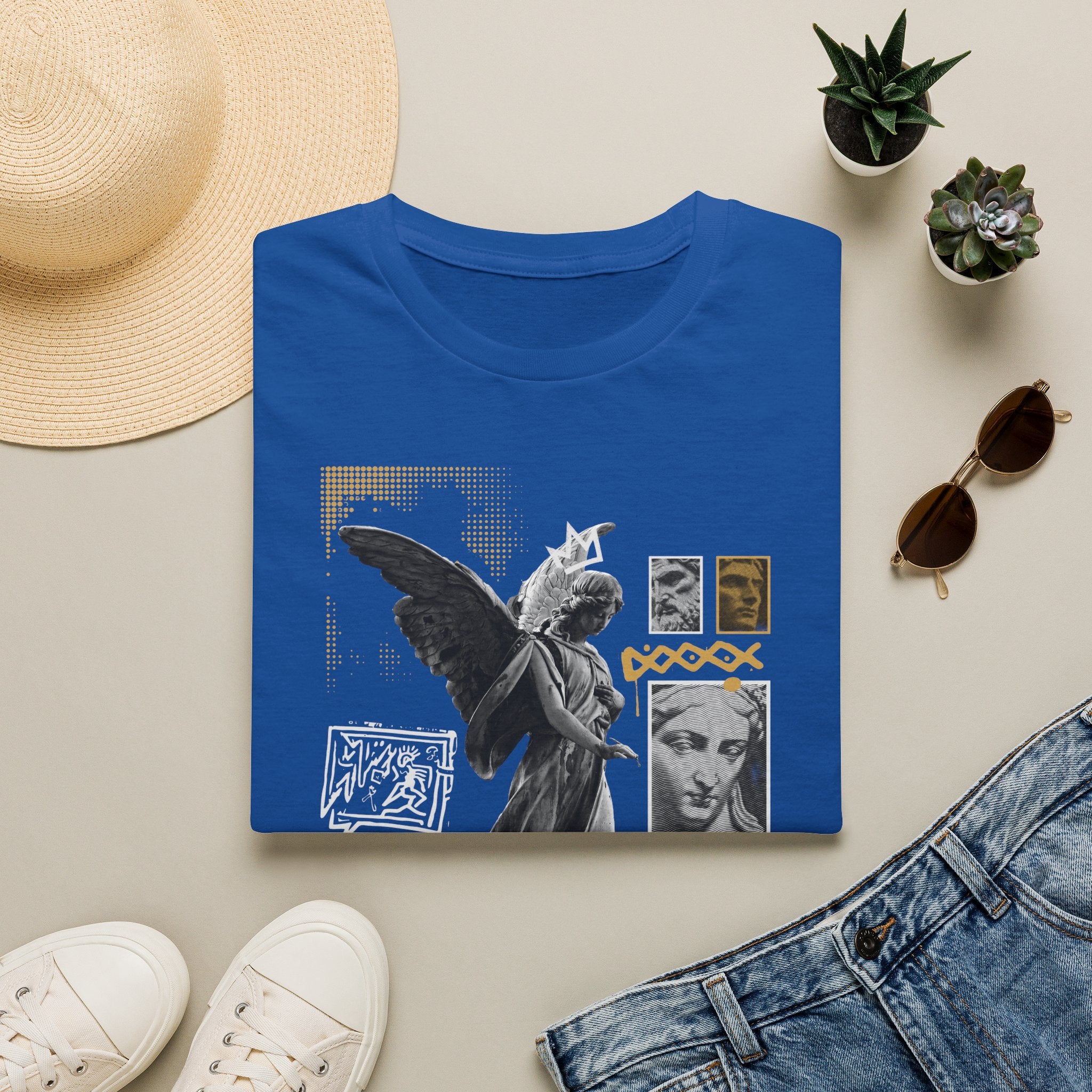 Melek Heykeli Kolajlı Vintage Gotik Grafik Baskılı Tişört