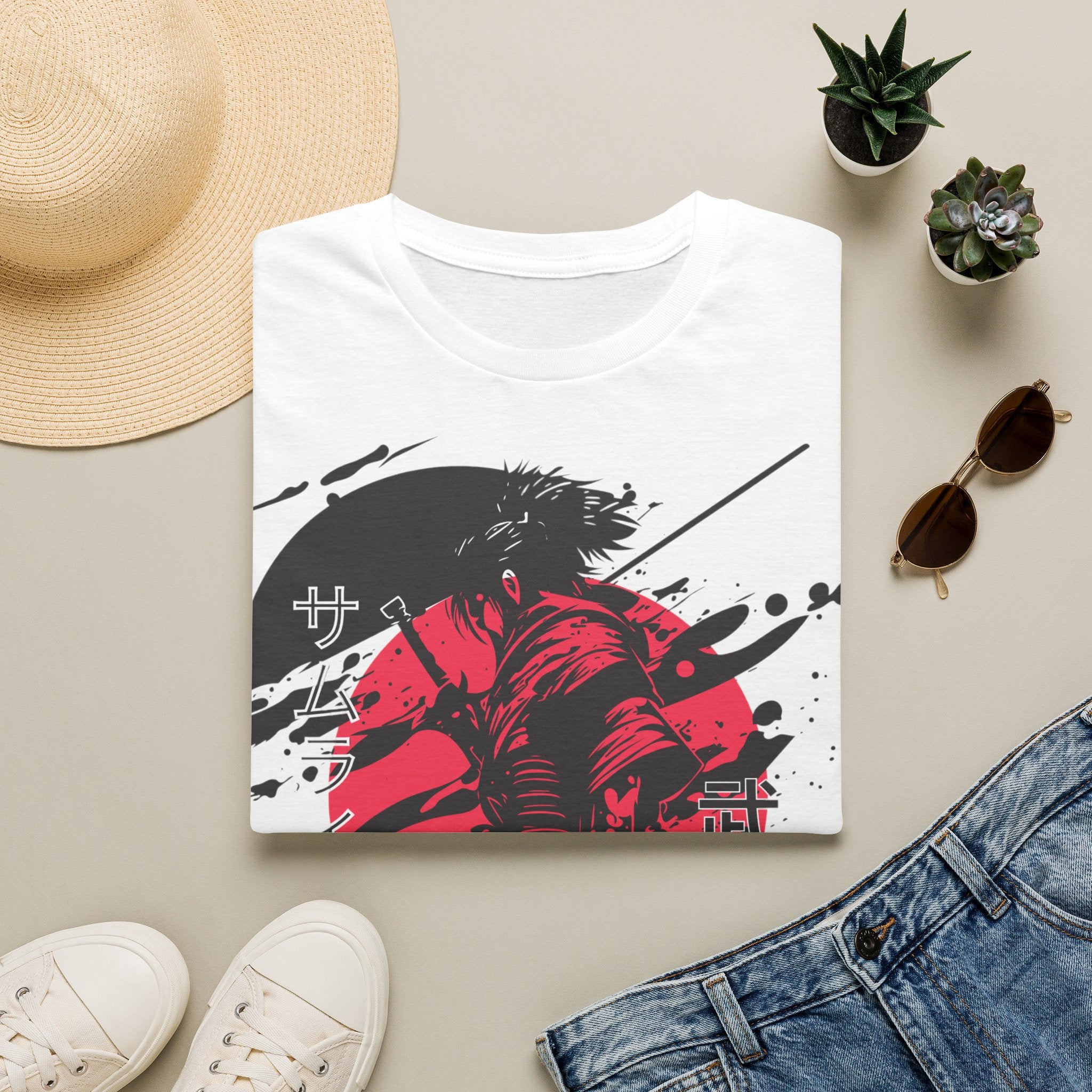 Samurai Grafik Baskılı Kırmızı Yükselen Güneş Japon Anime Tişörtü