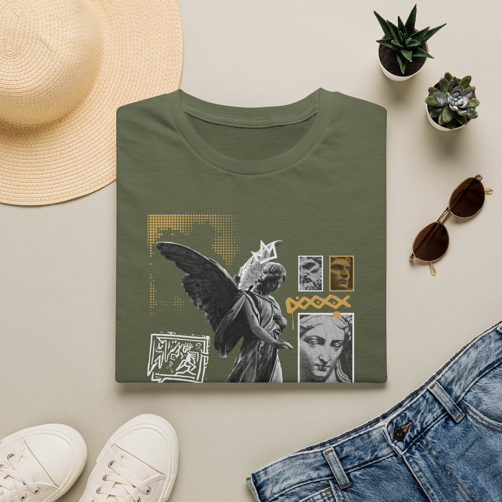 Melek Heykeli Kolajlı Vintage Gotik Grafik Baskılı Tişört