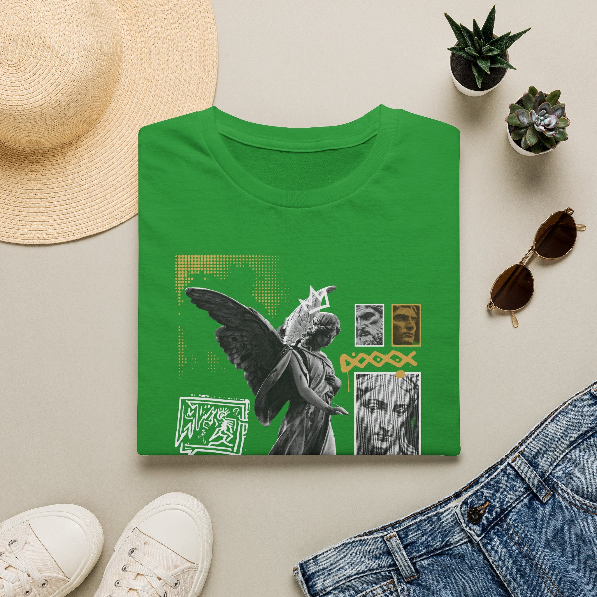 Melek Heykeli Kolajlı Vintage Gotik Grafik Baskılı Tişört